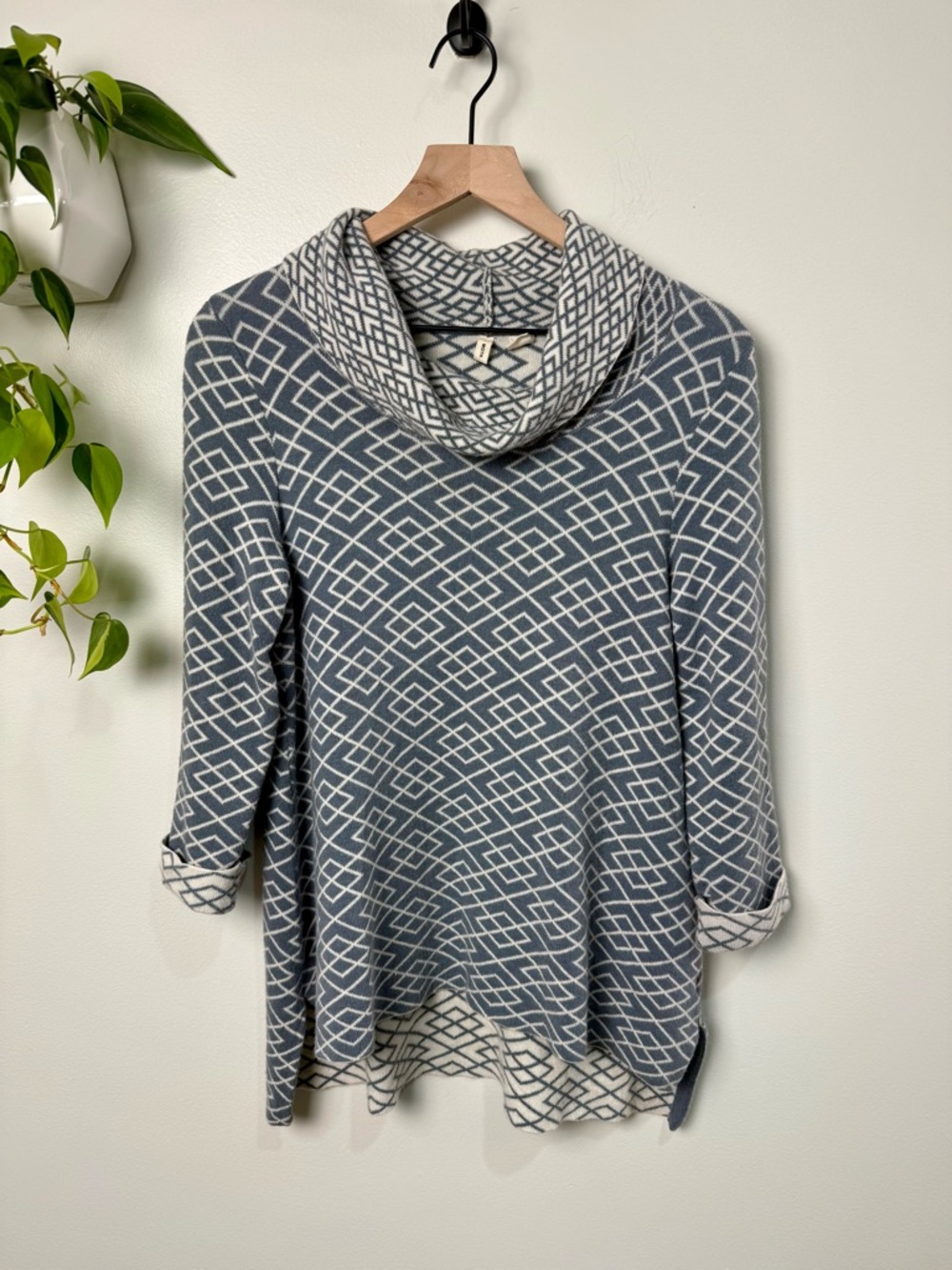 Anthropologie Moth Galena Cowl Neck Sweater Geometric 3/4 Sleeve Alpaca Blend M